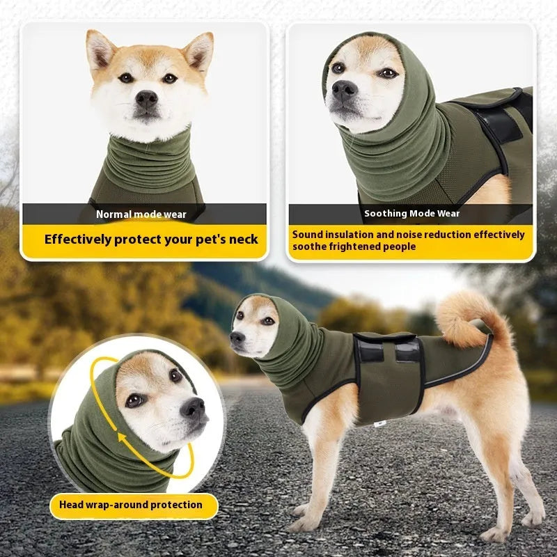 Army green dog anti-anxiety jacket made of polyester fabric on a medium-sized dog.