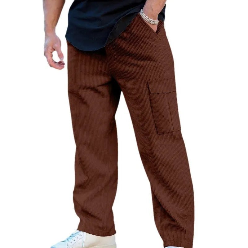 Men's corduroy cargo trousers in straight-leg wide-cut design with drawstring waist closure