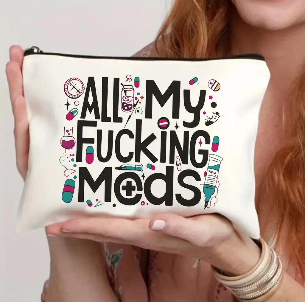 Canvas-style polyester cosmetics bag with a zipper, shown in multiple colour options.
