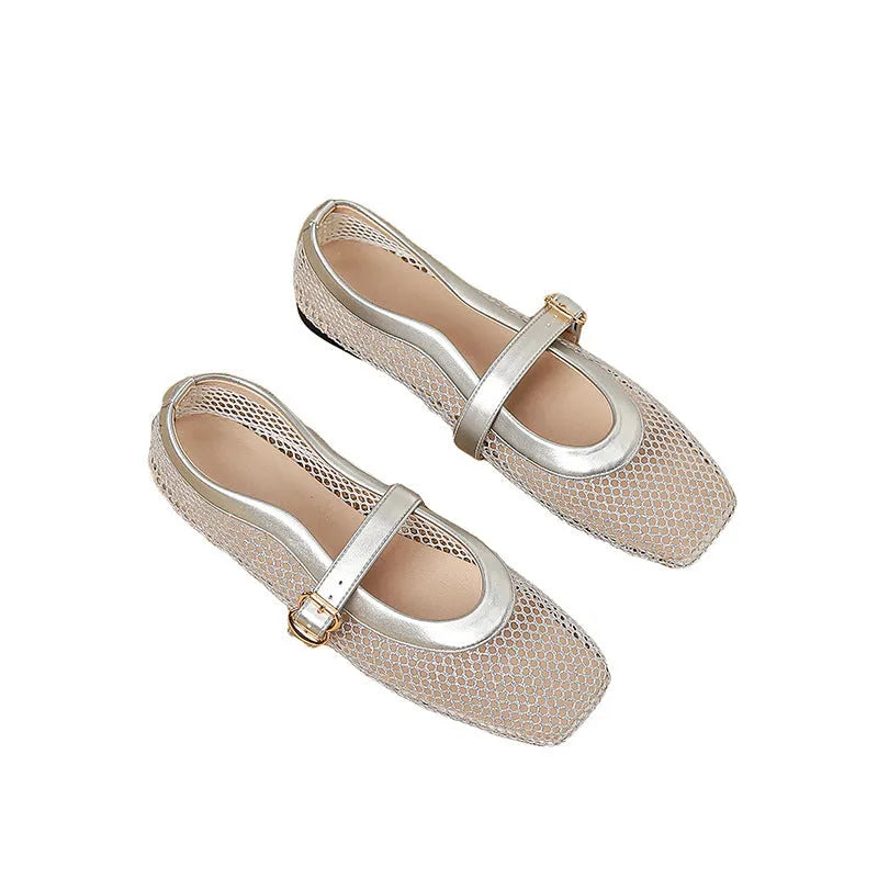 Women's beige mesh summer pump with square toe and buckle closure on a low flat heel.