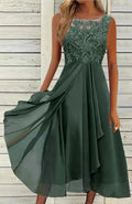 Women's sleeveless chiffon dress with lace hollow-out detailing in green, purple or blue colours