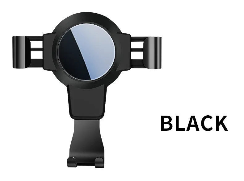 Black S4 gravity mirror ABS mobile phone bracket mounted on a car air conditioning vent.