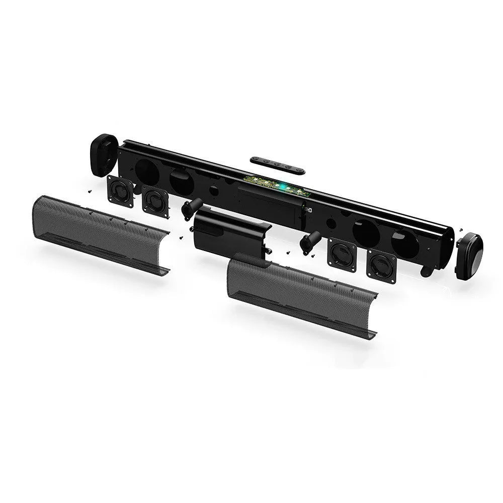 Tall black Bluetooth sound bar speaker with remote control on a wooden surface