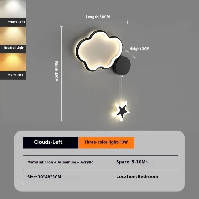 Cloud and star-shaped children's bedside wall lamp with LED lighting in black or white finish