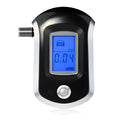 Black portable alcohol breath tester with digital screen and five mouthpieces.