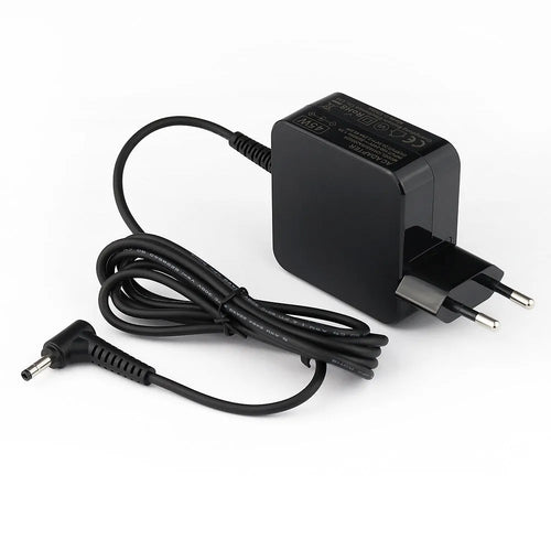 Black 45W laptop power adapter with US plug for HP laptops showing dimensions