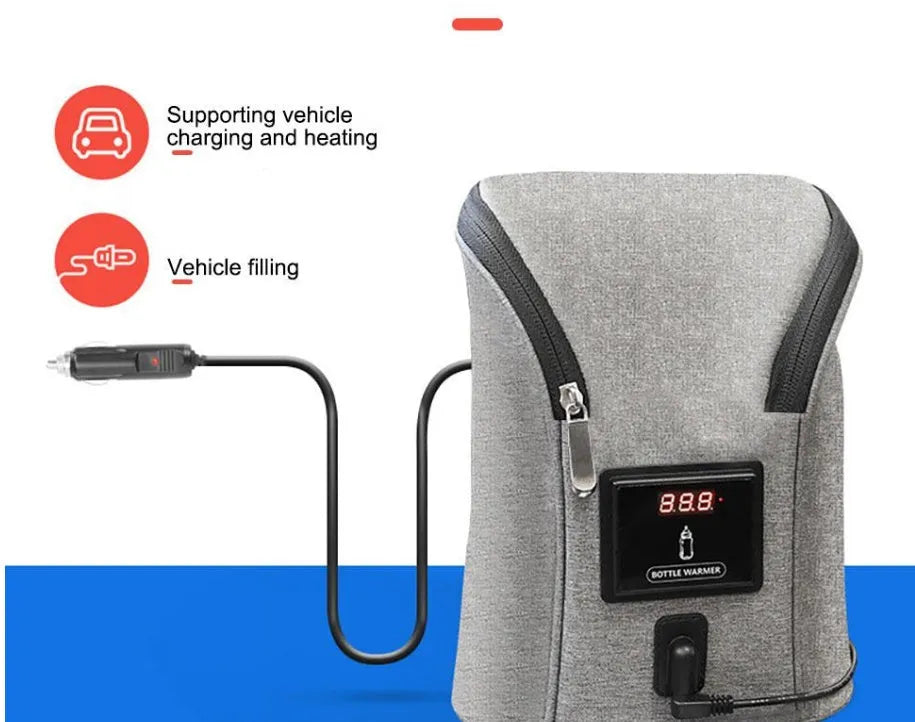 Grey Oxford cloth portable baby bottle warmer bag for car use with 12V charger and temperature display.