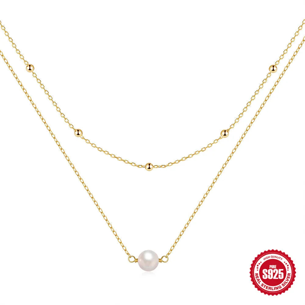 S925 sterling silver double layer necklace with twin pearls and geometric pendant in gold plating