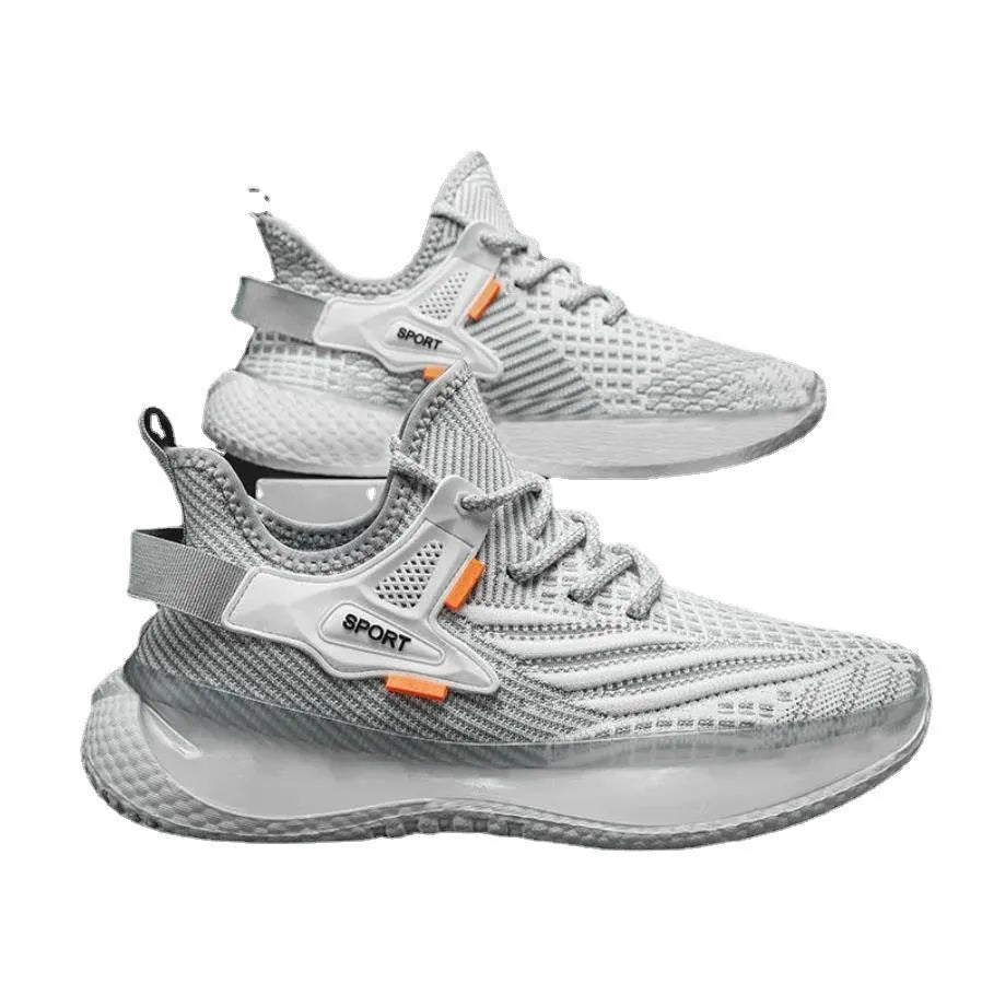 Men's white casual sneakers with woven mesh upper, platform rubber sole, and front lace-up closure.