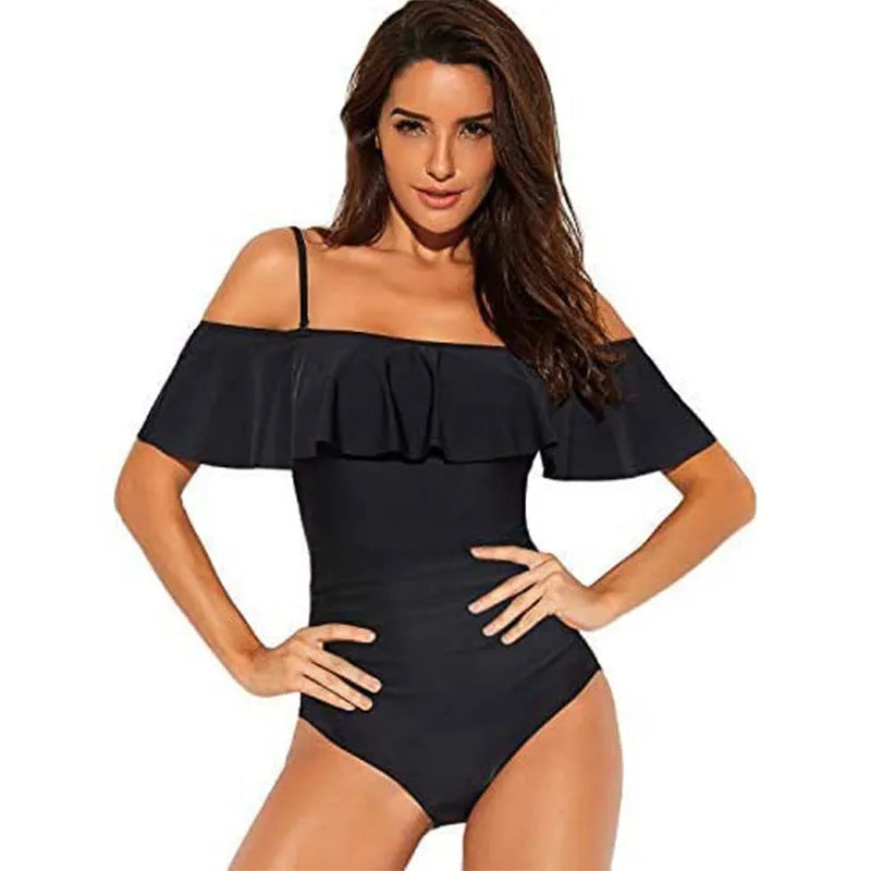 Black one-piece swimsuit with cut-out design and ruffled tube top style straps