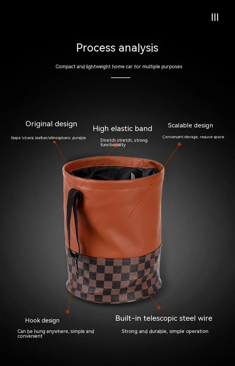 A retractable leather car trash can shown in a vehicle, featuring a carry handle.