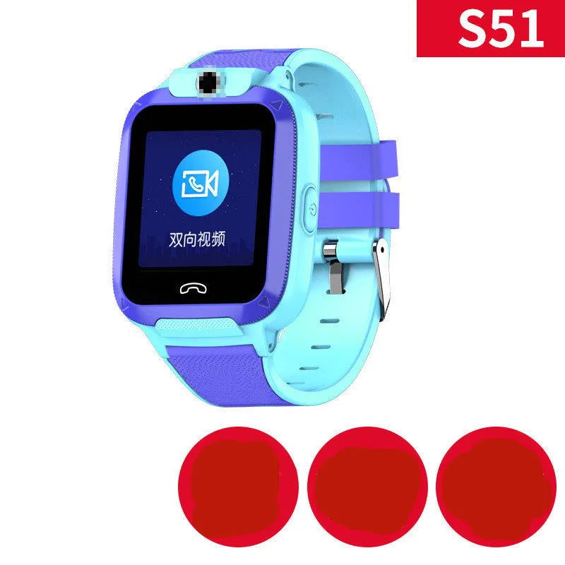 Blue children's smartwatch with a silicone strap showing a video call interface on its 1.44-inch screen.