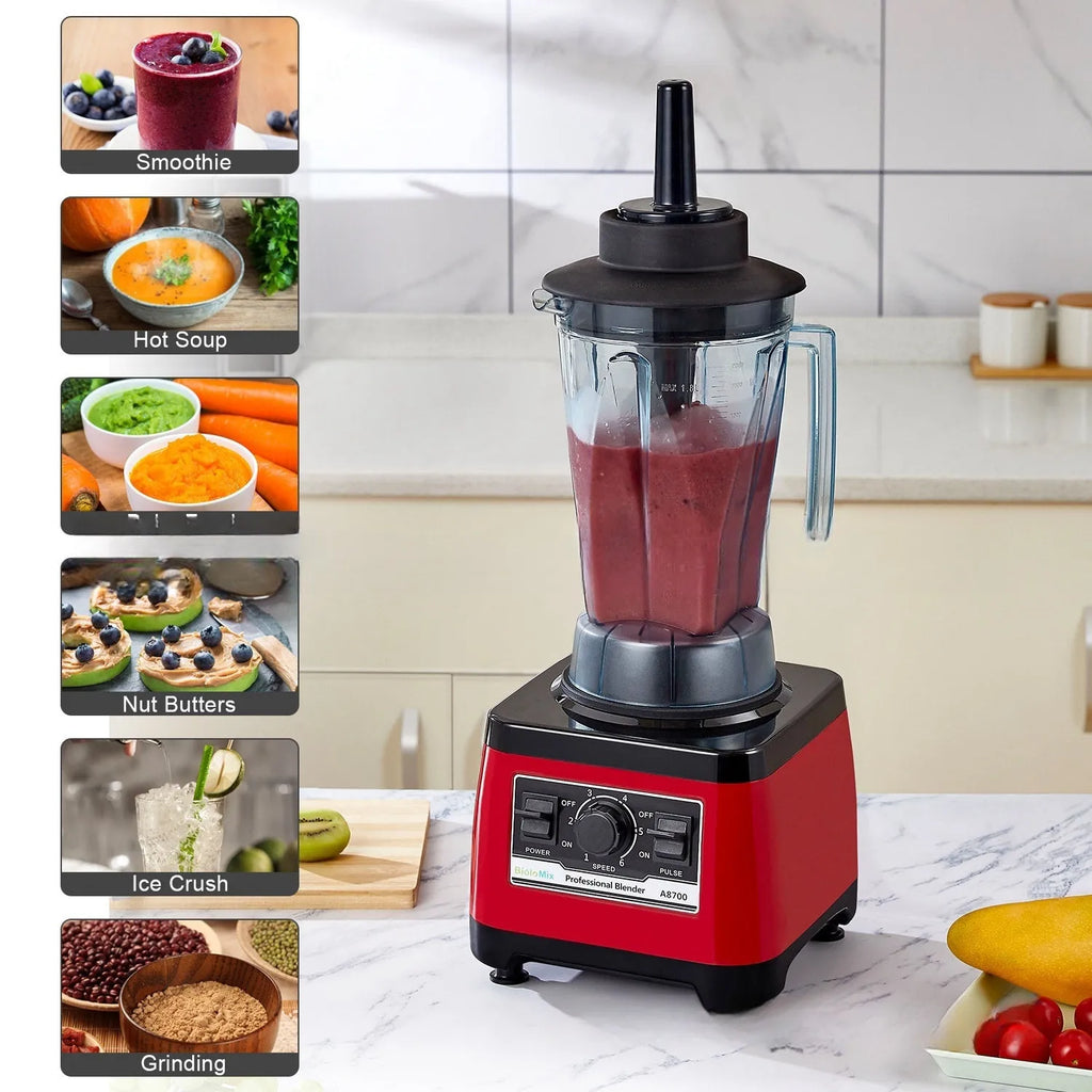 Red industrial-style commercial blender model A8700 with 2-litre jug and 2200W motor.