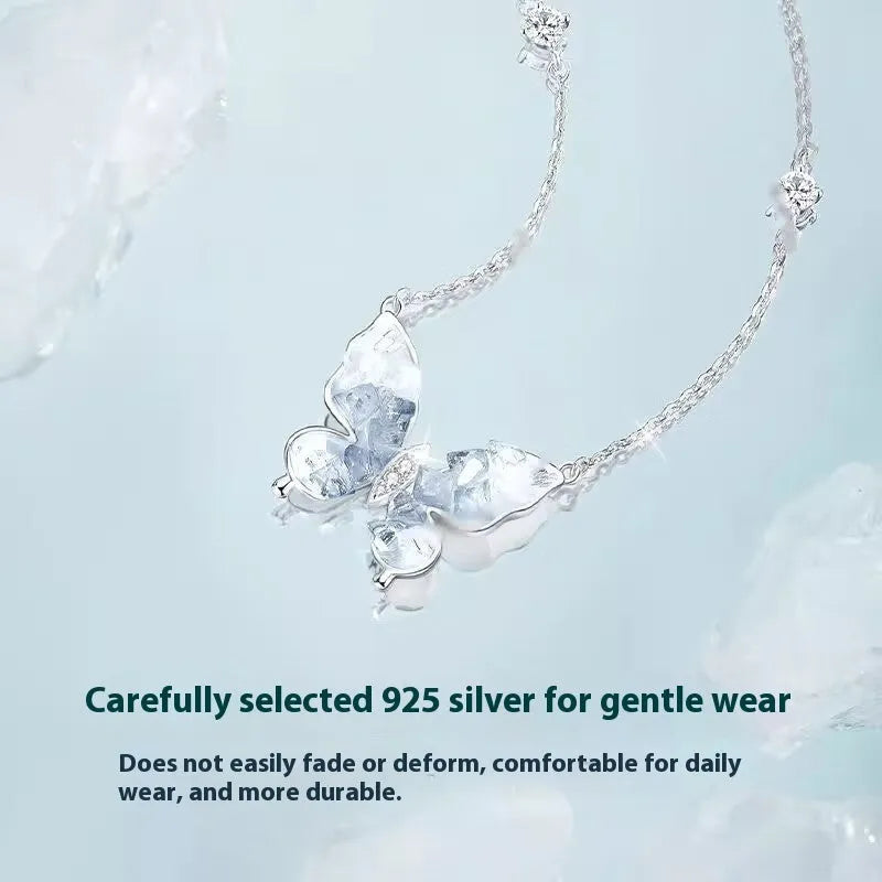 Silver butterfly necklace with adjustable O-ring chain showing ice rain butterfly pendant on S925 silver