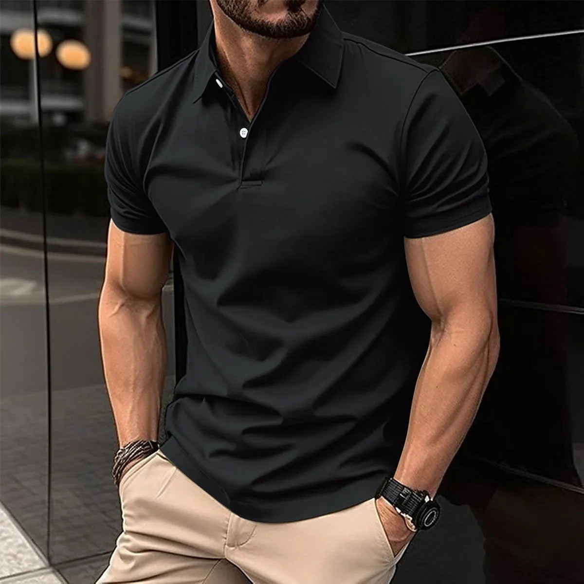 Men's solid colour polo shirt with short sleeves and button lapel in cotton blend fabric