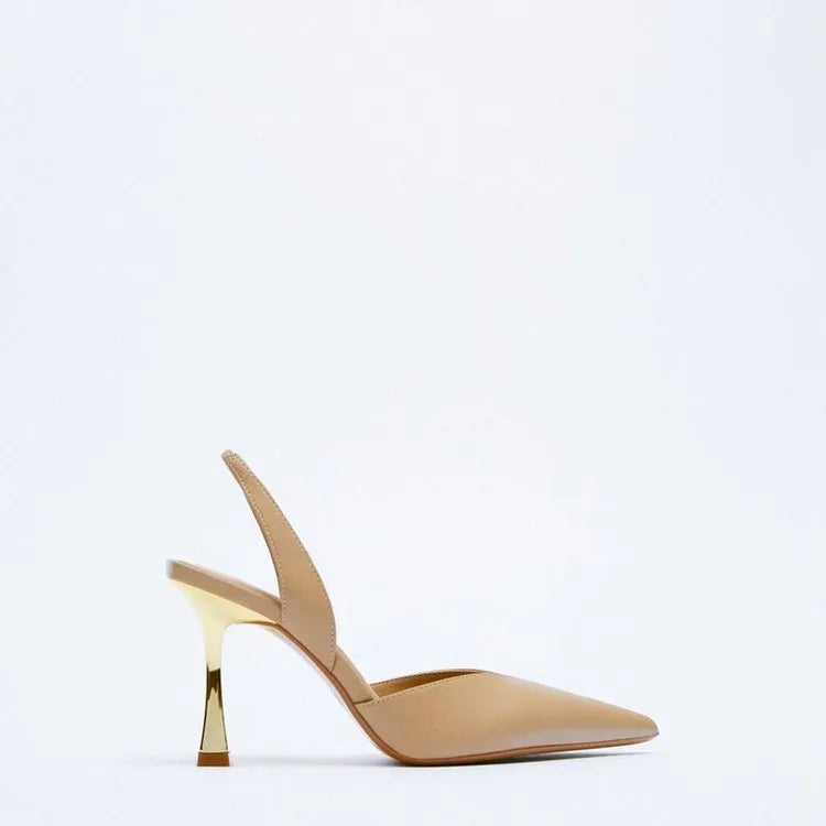 Korean style women's pointed high heels in patent leather, black and apricot colours with shallow mouth design