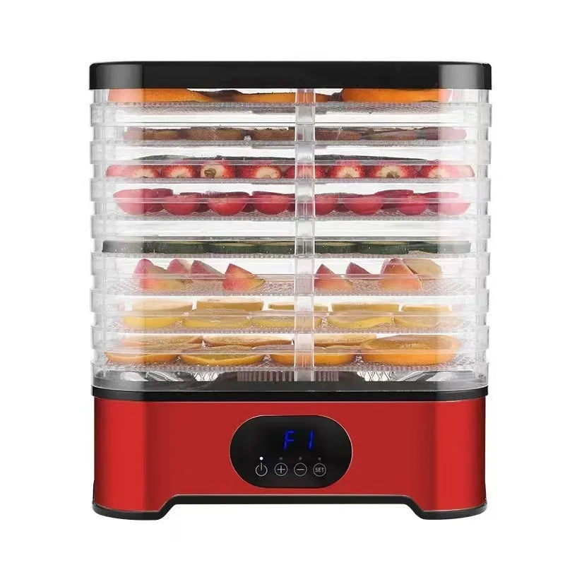 Silver and red household food dehydrator with eight drying trays showing expanded height