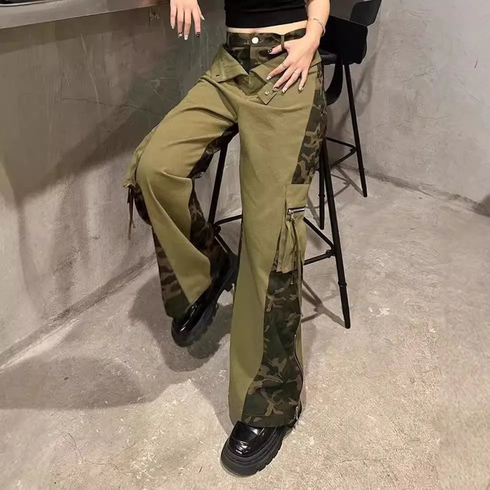 Women's dark khaki high waist straight leg jeans with a leopard print pattern and tooling style stitching detail.