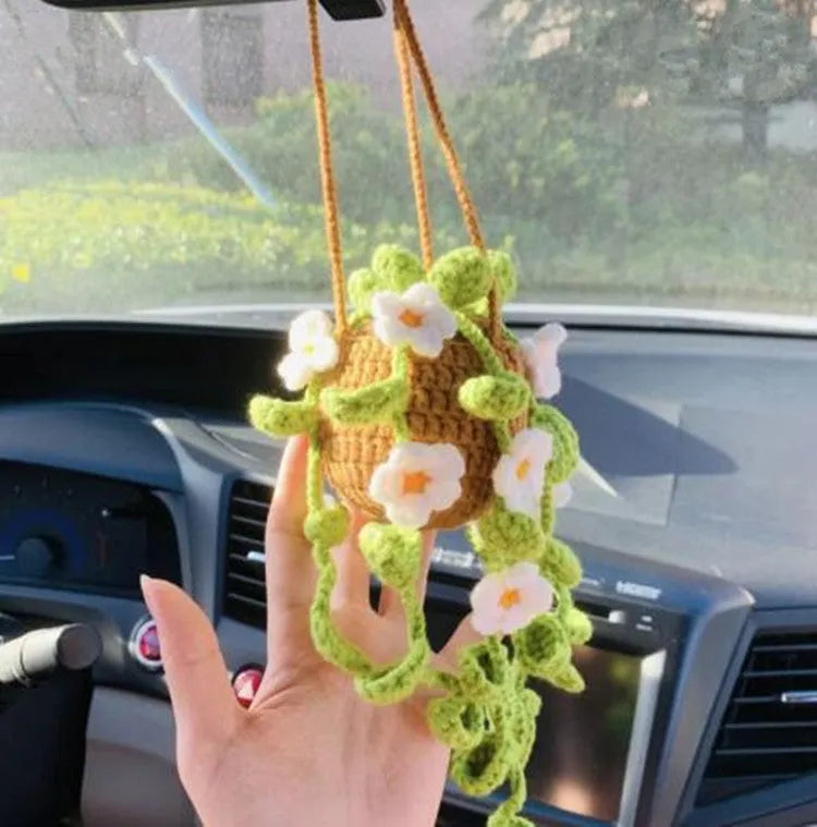 Green and white knitted wool car plant decoration with 25cm hanging rope