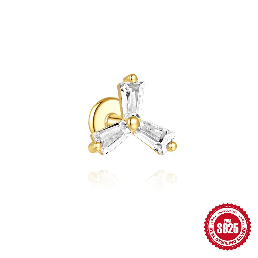 S925 sterling silver stud earrings with zircon inlay in golden geometric designs including clover and crown.