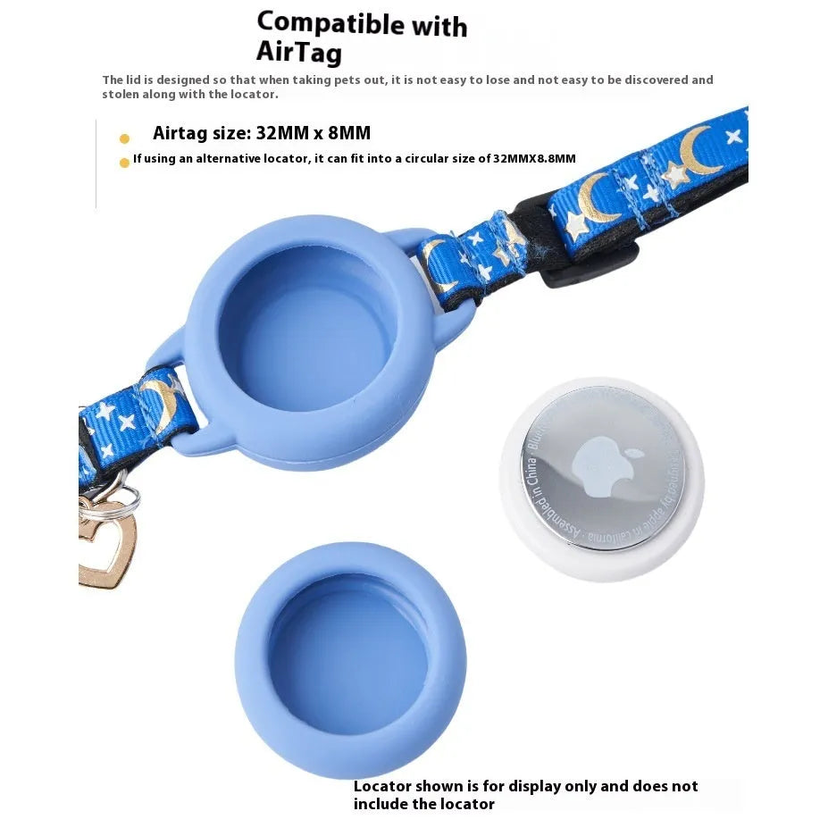 Pink and blue adjustable plastic AirTag cases shown as cat collars with size options S and M