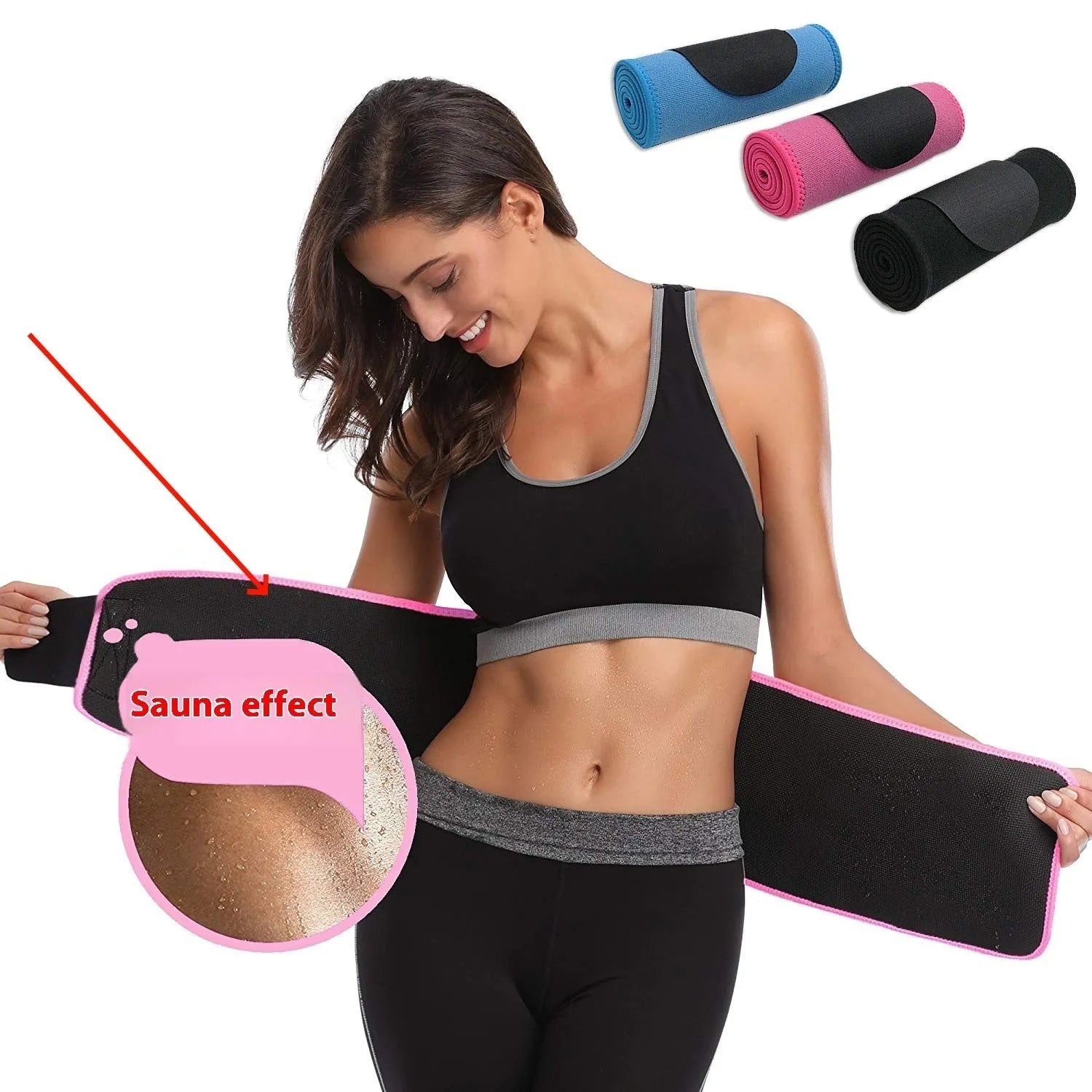 Neoprene lumbar support fitness belt in black, blue, or pink colours for waist protection during workouts