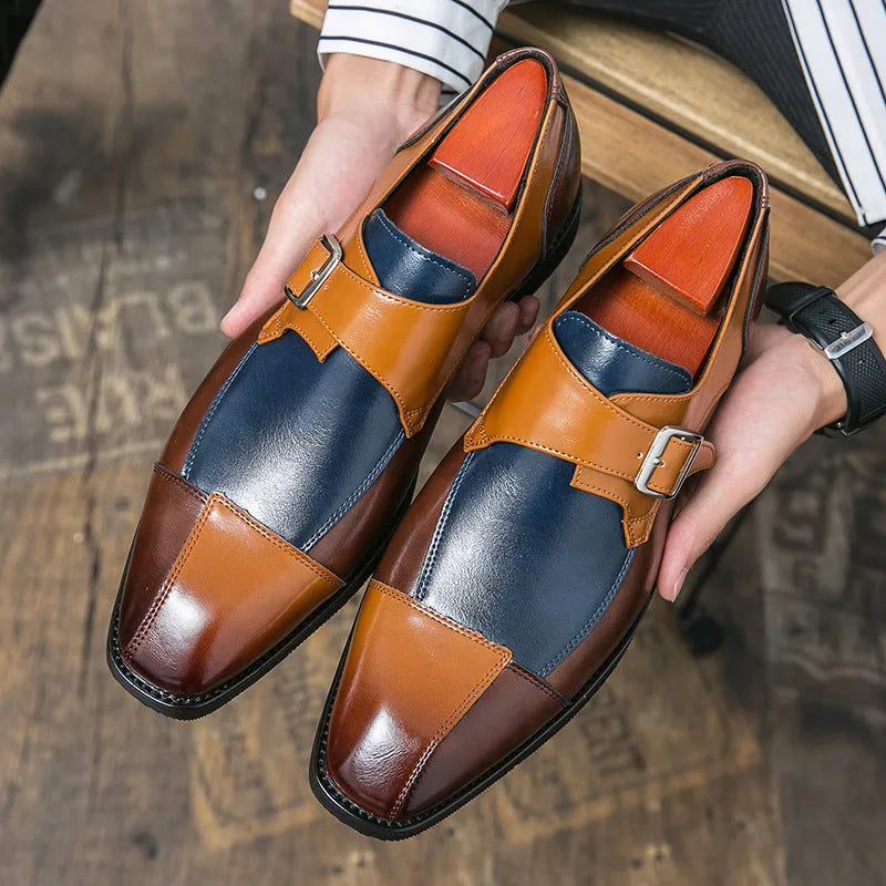 Men's tall crown leather shoes with retro buckle in brown blue and black colours