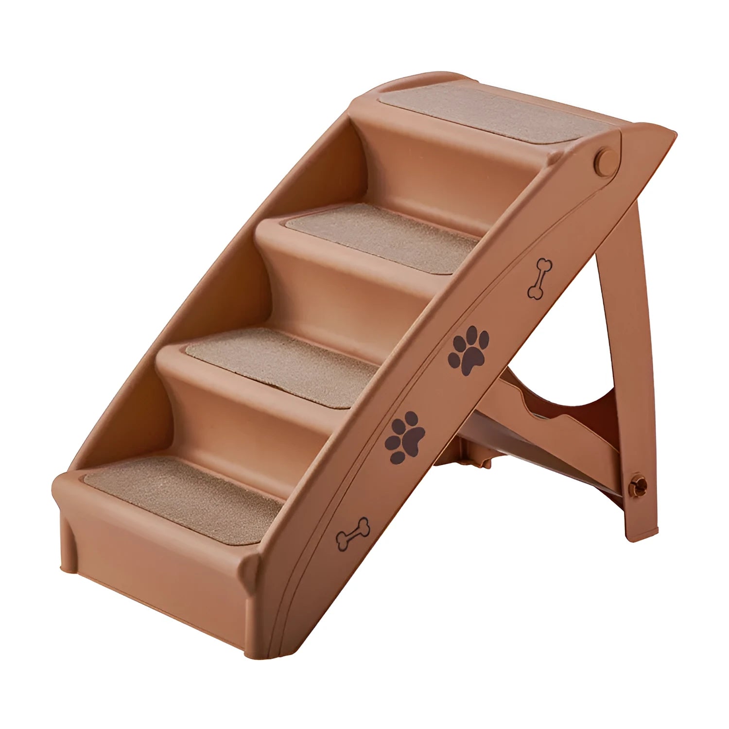 Foldable grey plastic pet stairs with three steps and non-slip mats for small dogs and cats.