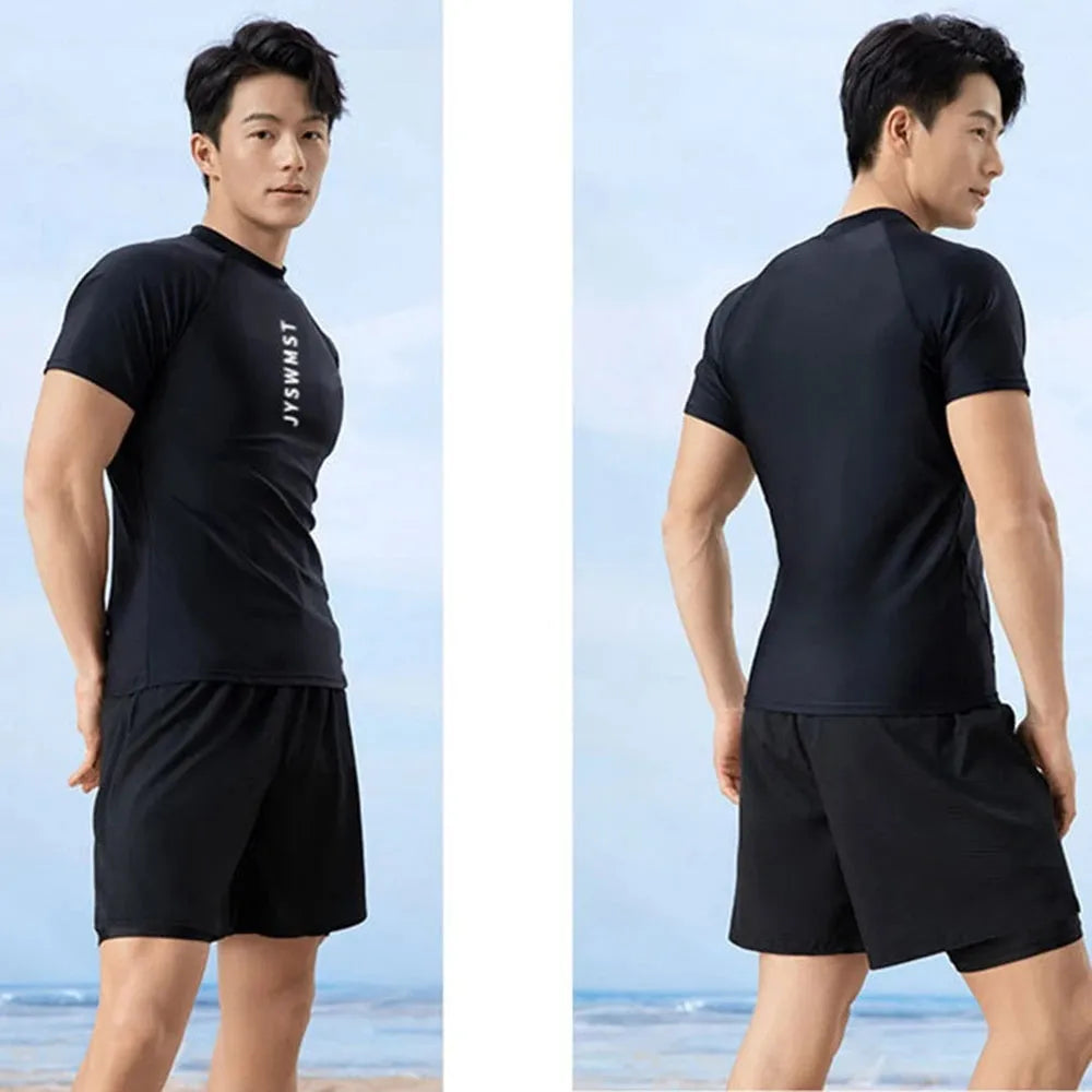 Men's polyester swimsuit set with matching top and trousers in multiple colour options