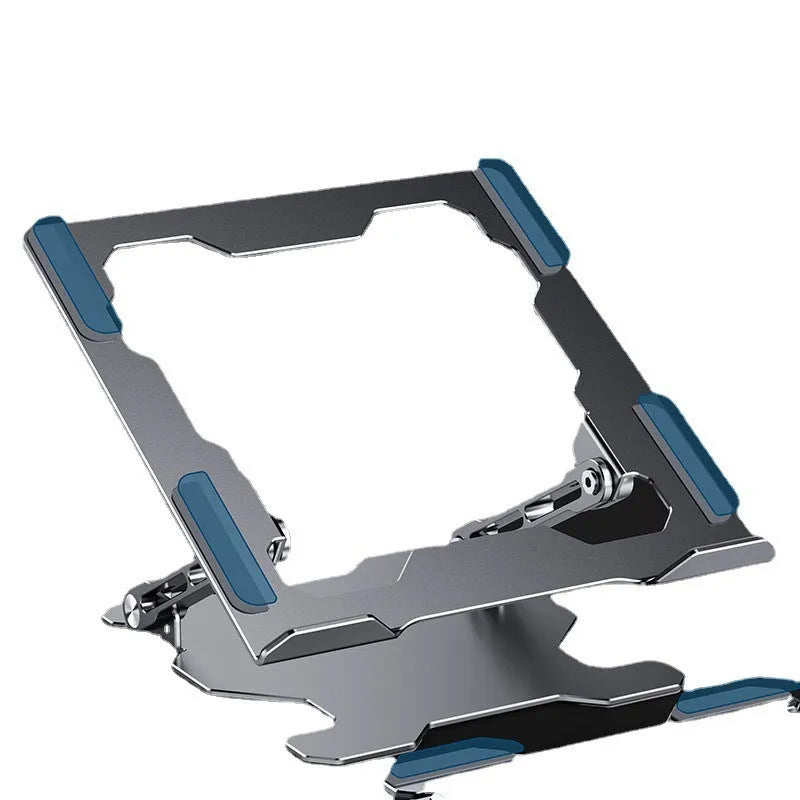 Grey aluminium laptop stand with adjustable angle and folding legs for portable use