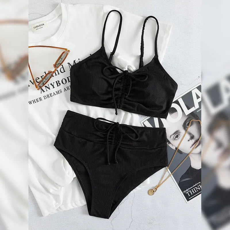 Black women's bikini swimsuit with high waist sling split bottoms and sleeveless top