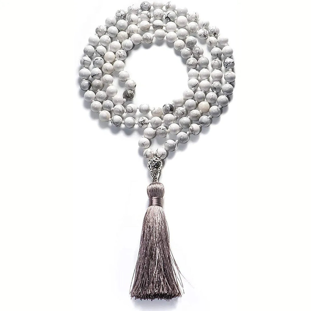 Long unisex agate and amethyst tassel necklace with blue grain stone and lapis lazuli on geometric pendant