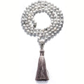 Long unisex agate and amethyst tassel necklace with blue grain stone and lapis lazuli on geometric pendant
