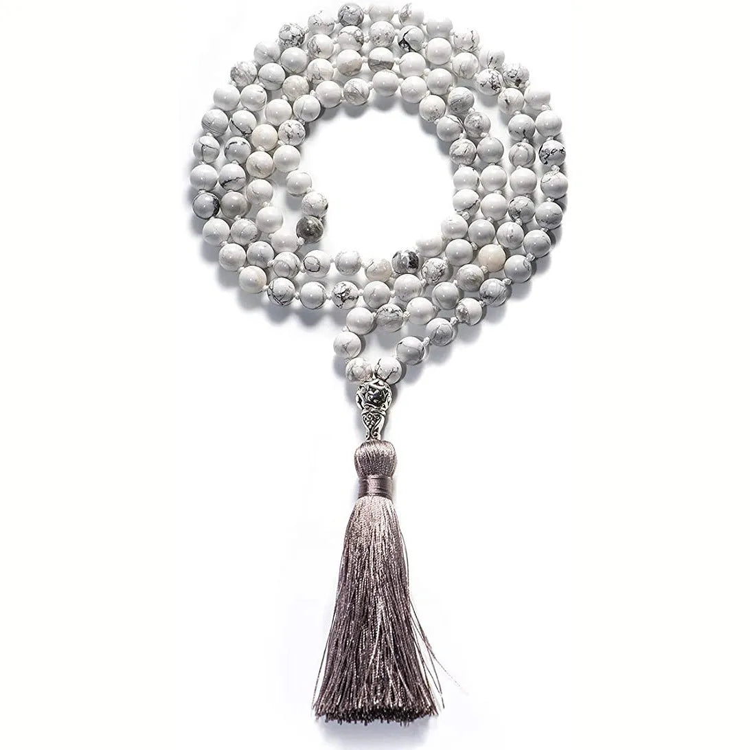 Long unisex agate and amethyst tassel necklace with blue grain stone and lapis lazuli on geometric pendant