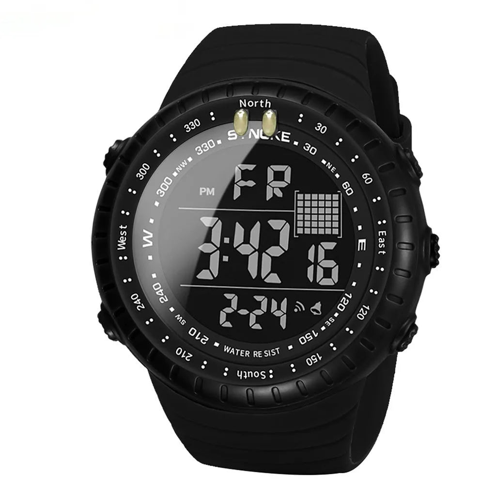 Black men's outdoor digital watch with large dial showing WR50M waterproof rating and adjustable PU strap