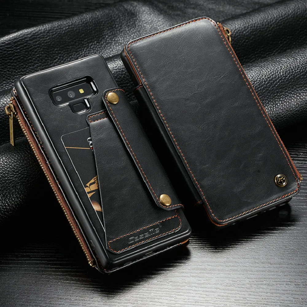Black PU leather flip case for Samsung Galaxy Note9 phone showing magnetic closure