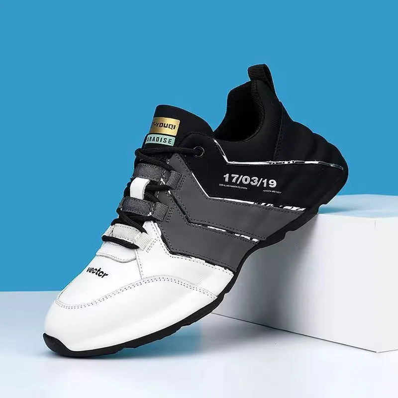 Teenagers outdoor casual sneakers with thick plastic sole and mesh lining in black and gray color matching style