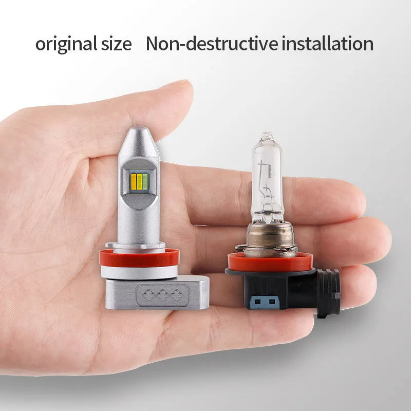 LED car fog light retrofit kit with aluminium housing showing bulb connector formats