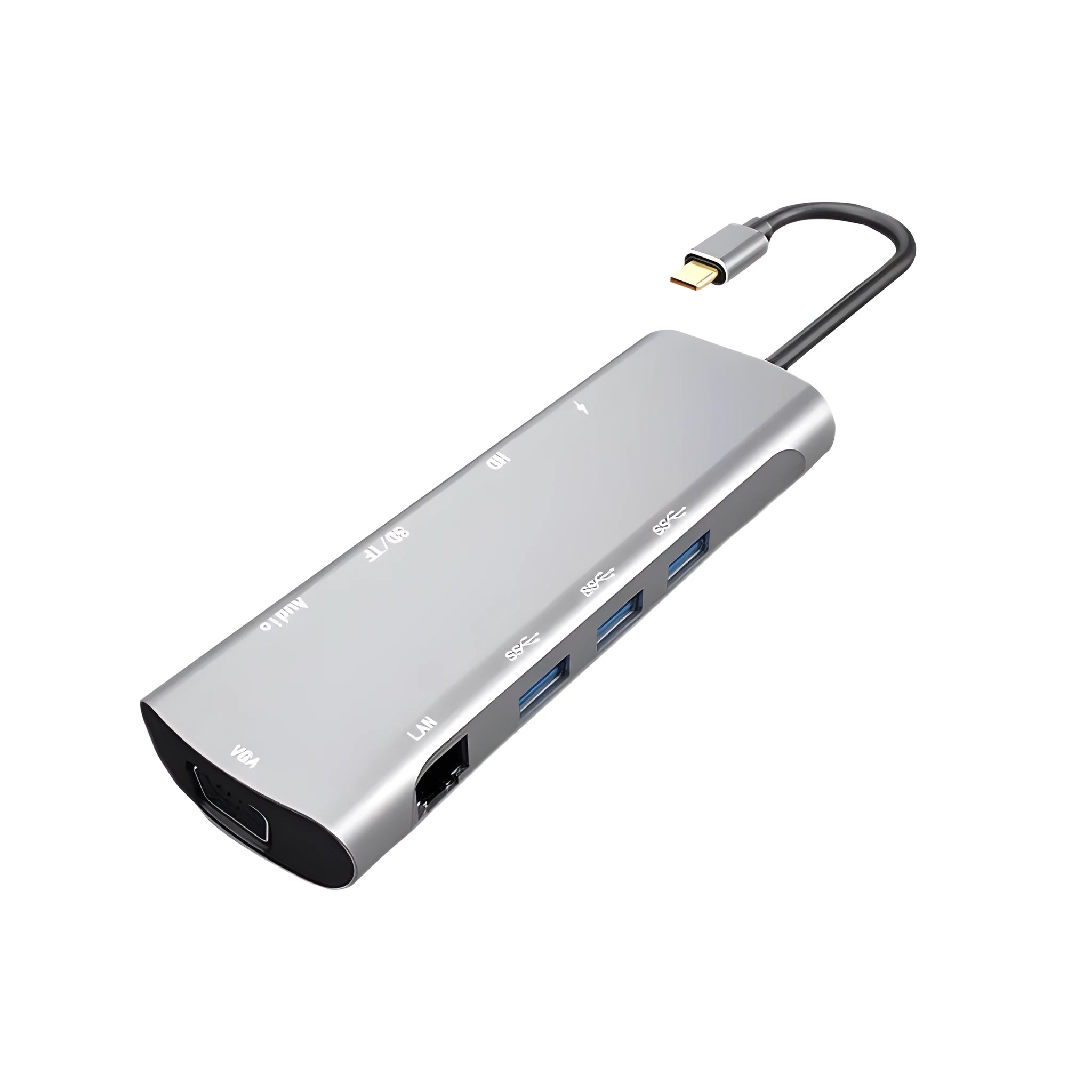 Grey aluminium USB-C docking station with HDMI, VGA, USB 3.0 ports and a 140mm cable.