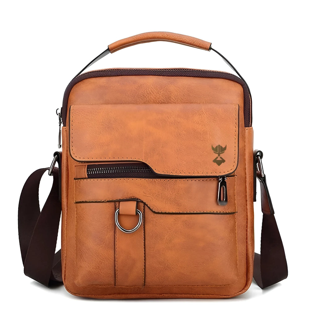 Khaki PU leather men's shoulder bag with diagonal strap showing internal zipper and phone pockets