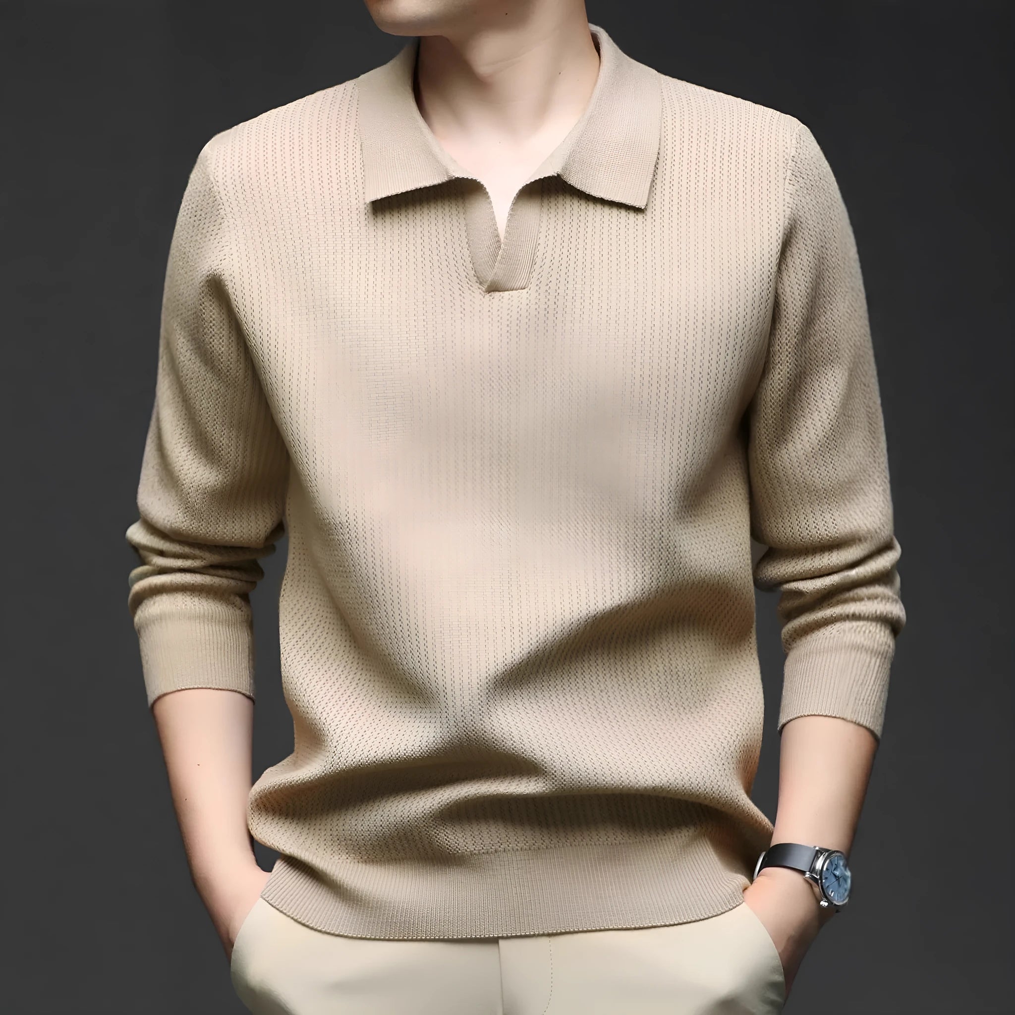 Men's loose fit pullover sweater in green colour shown on model for autumn casual wear