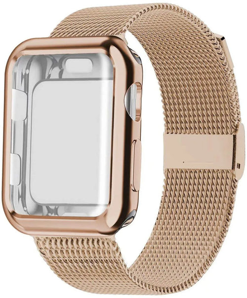 Apple Watch magnetic Milanese loop metal strap in multiple colours on a watch case