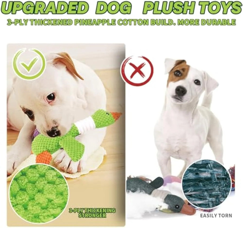 Blue duck-shaped plush dog toy with squeakers for chewing and play