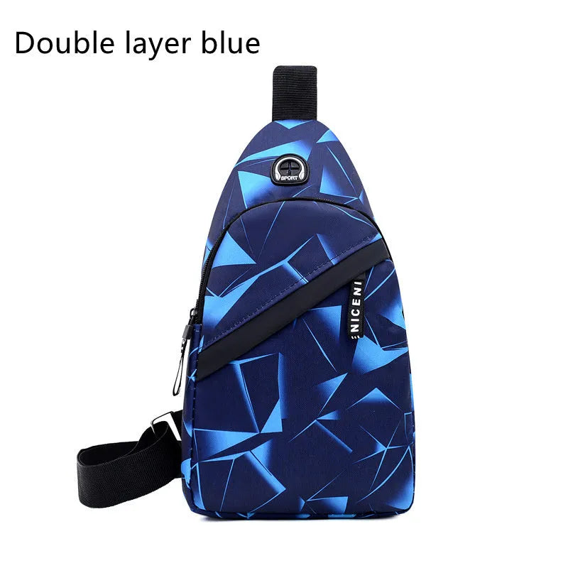 Blue print sling chest bag with a crossbody strap, showing the earphone hole and zipper opening.