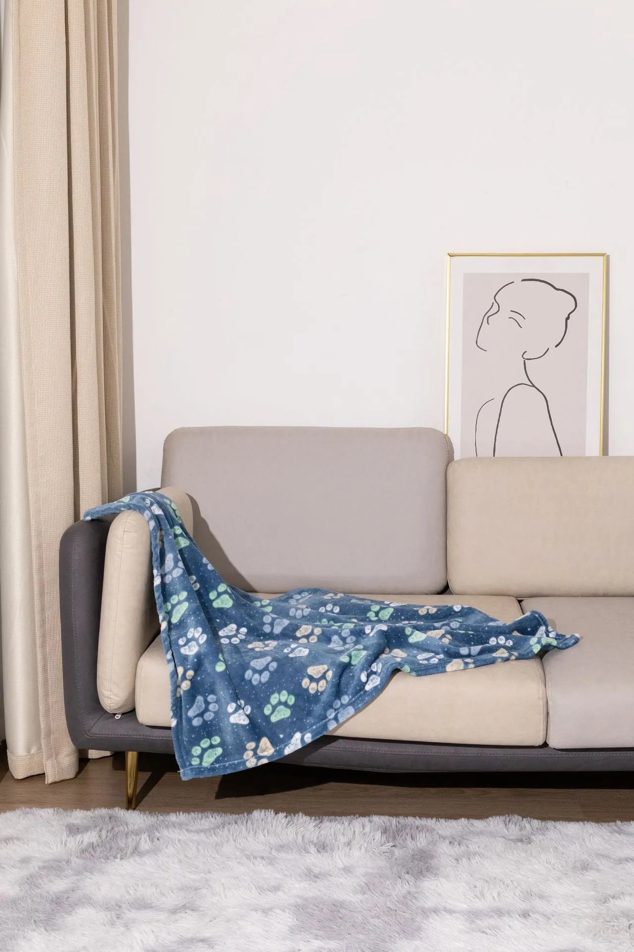 Blue cartoon dog pattern double-sided flannel pet blanket shown at 100x120cm size.