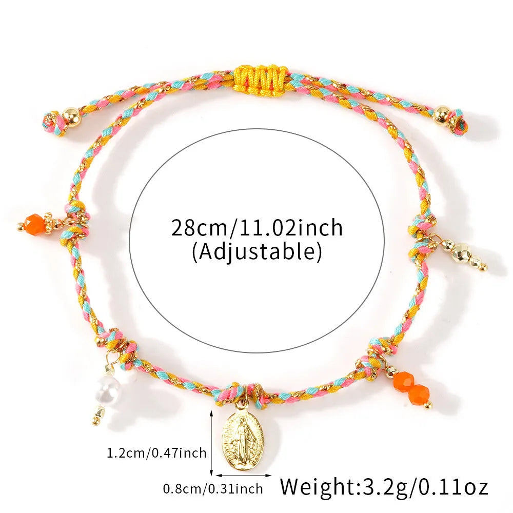 Women's ethnic woven bracelet with colourful braided rope carrying strap tag design