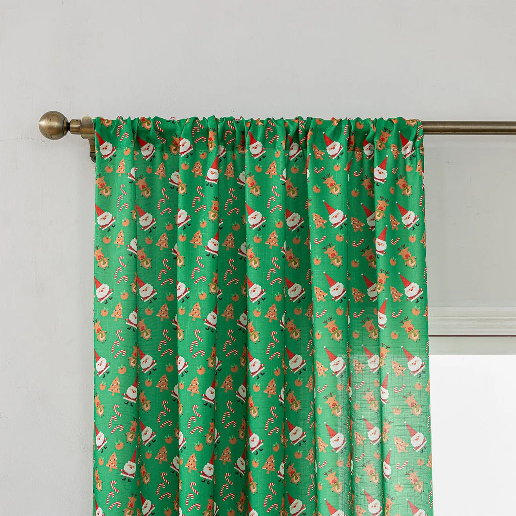 Green Christmas curtain with snowman and angel cartoon print pattern for living room window