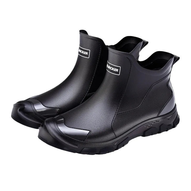 Korean-style PVC short tube rain boots with non-slip plastic soles in black-red colour combination