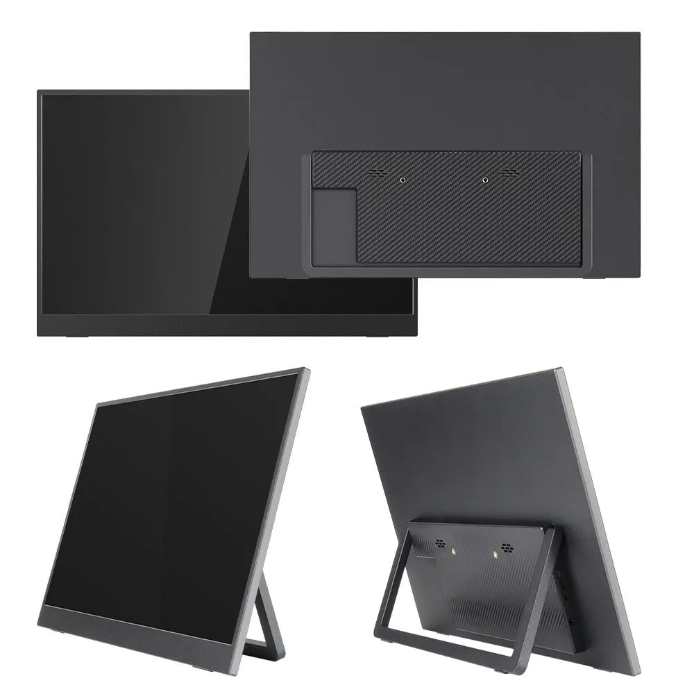 Black 15.6-inch portable computer display with adjustable stand showing Full HD screen