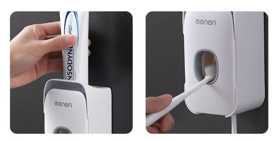 Automatic wall-mounted toothpaste dispenser in blue, grey, and pink colours with USB charging cable.